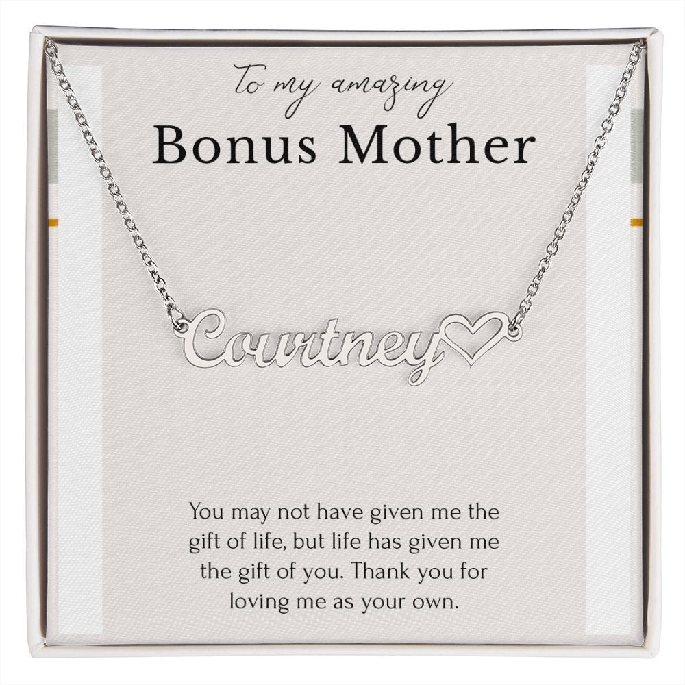 To My Amazing Bonus Mom Heart Name Necklace