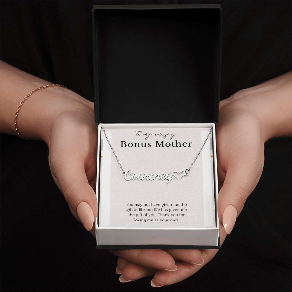 To My Amazing Bonus Mom Heart Name Necklace