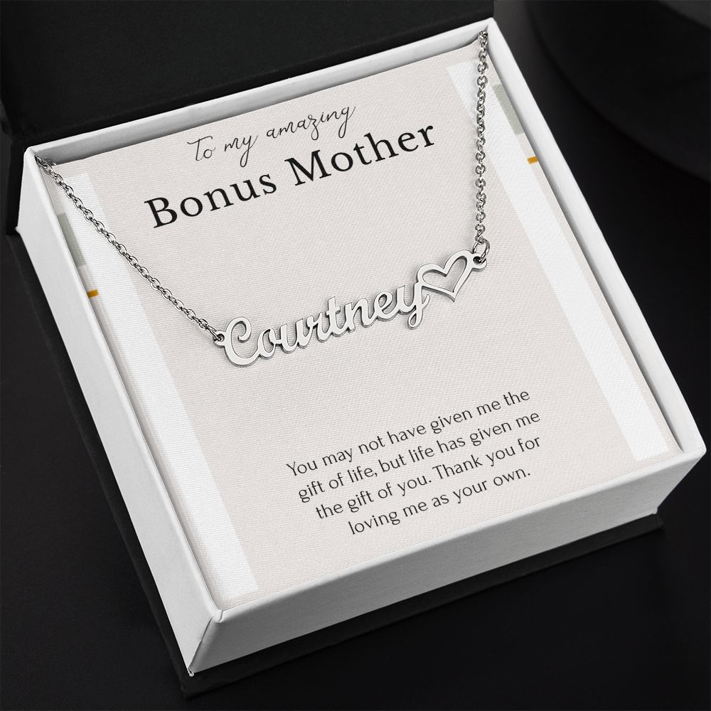 To My Amazing Bonus Mom Heart Name Necklace