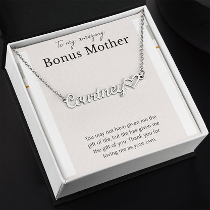 To My Amazing Bonus Mom Heart Name Necklace