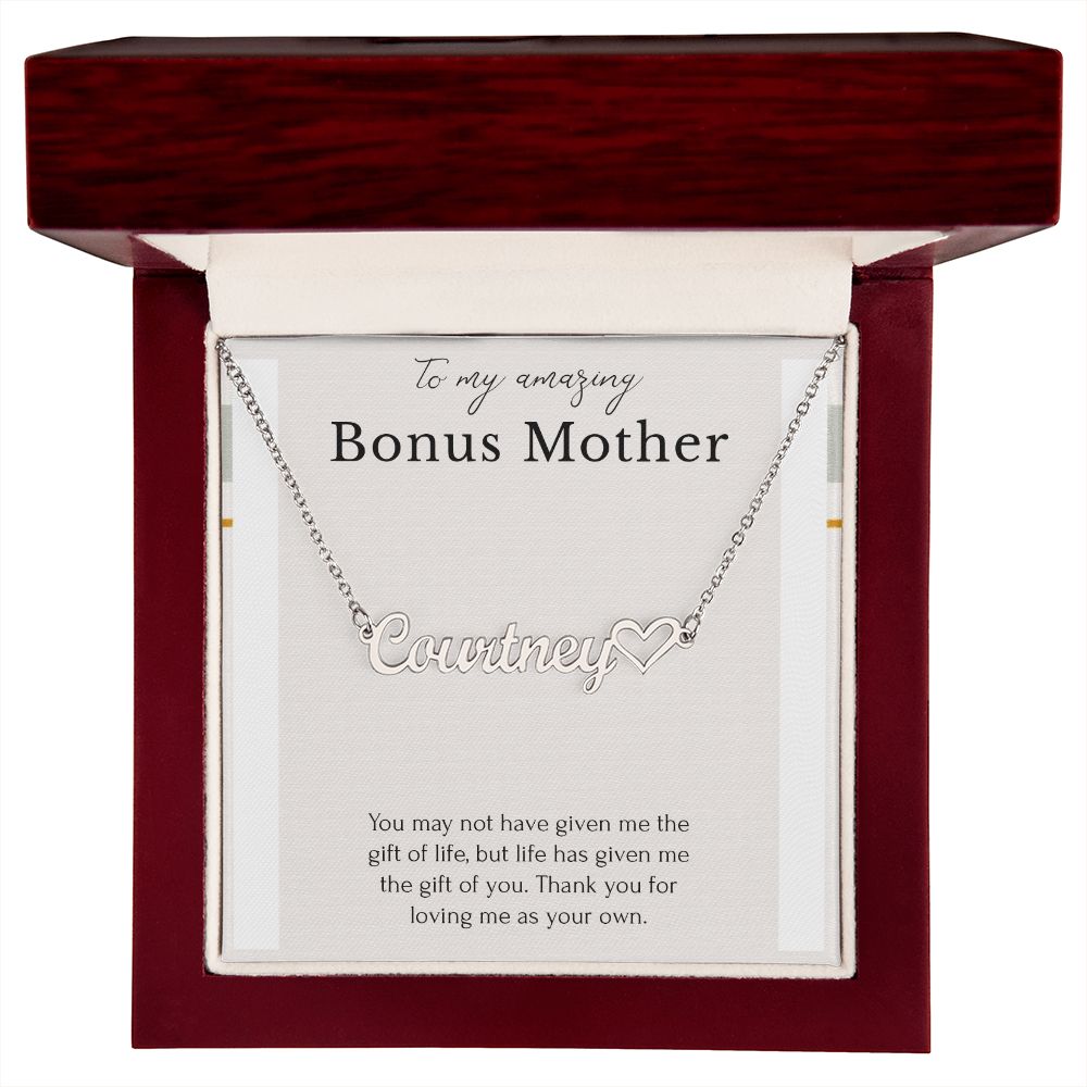 To My Amazing Bonus Mom Heart Name Necklace
