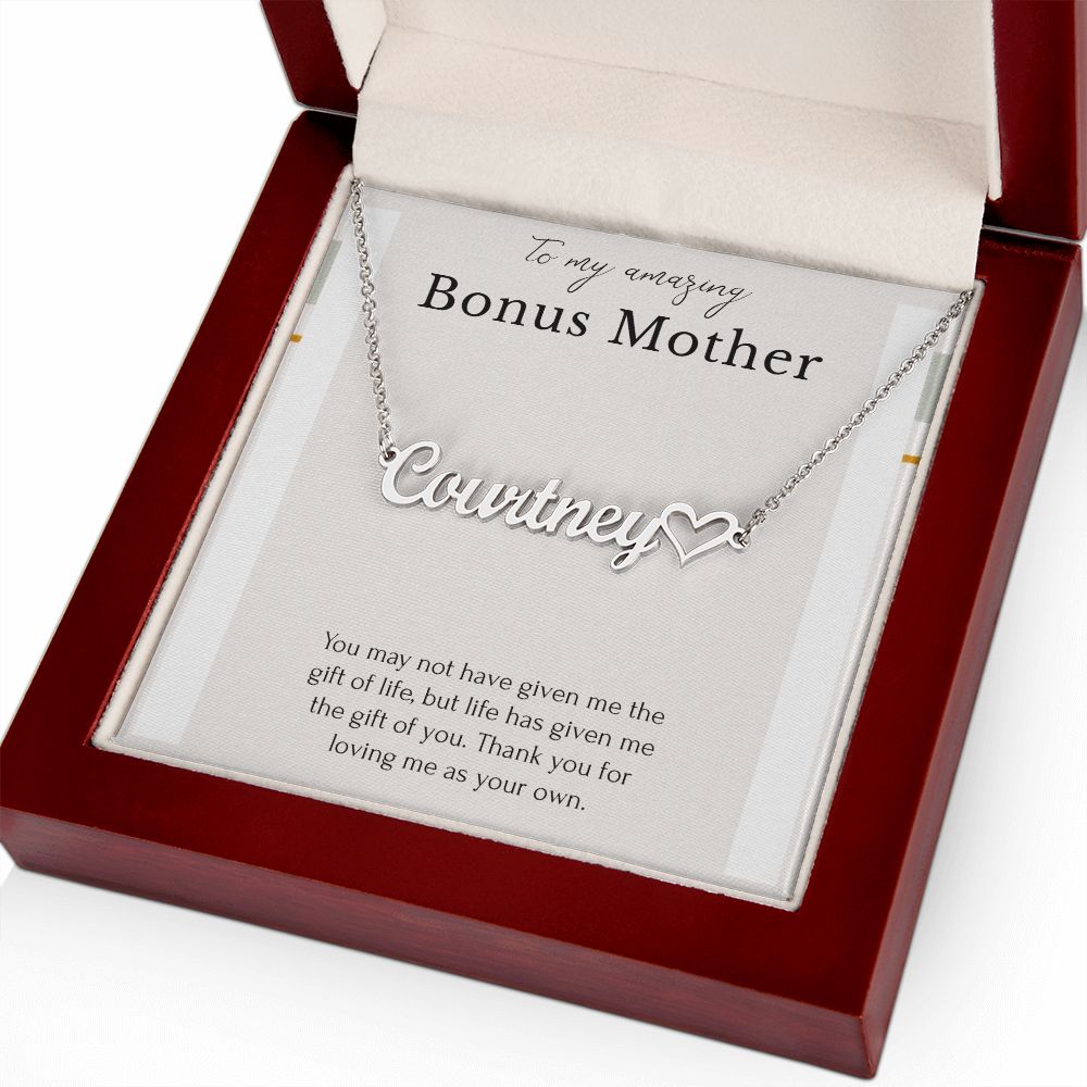 To My Amazing Bonus Mom Heart Name Necklace