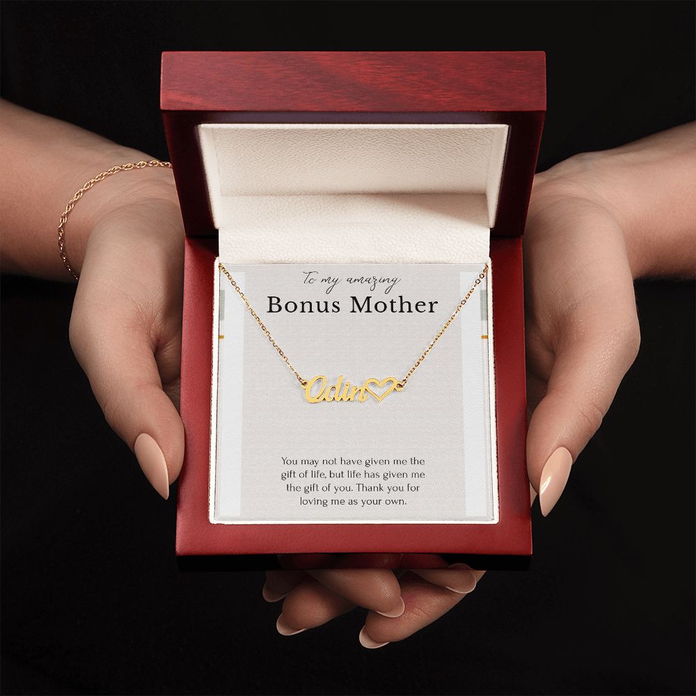 To My Amazing Bonus Mom Heart Name Necklace